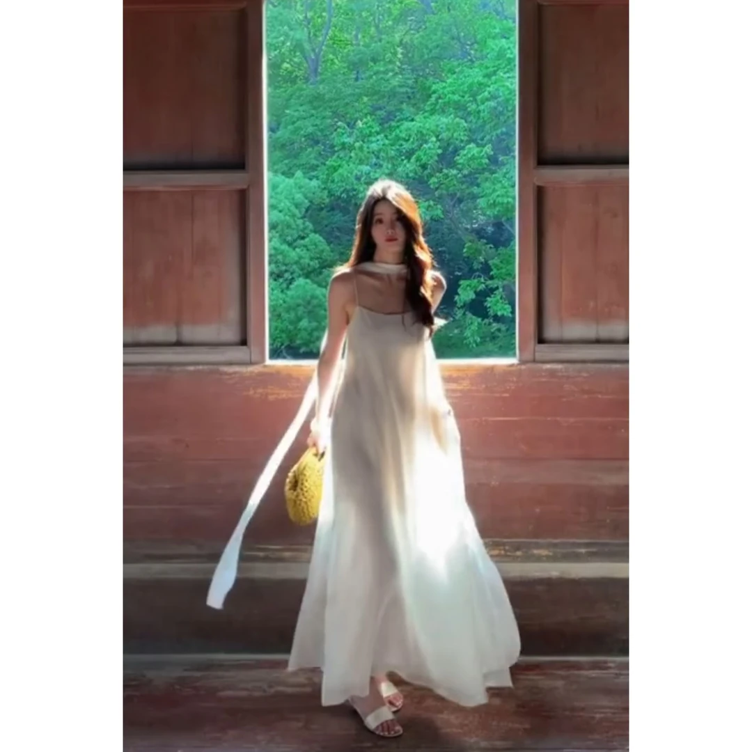 parkyeon超好看白月光网纱吊带连衣裙海边度假纯欲气质仙女长裙