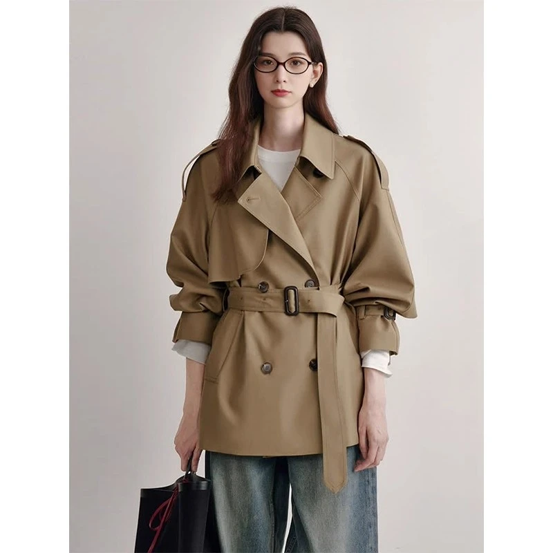 休闲短款风衣外套女2025年秋季新款双排扣小个子高级感卡其色大衣