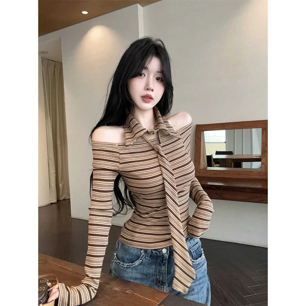 网红时尚炸街新款女装美式条纹领带撞色一字肩长袖T恤女好质量