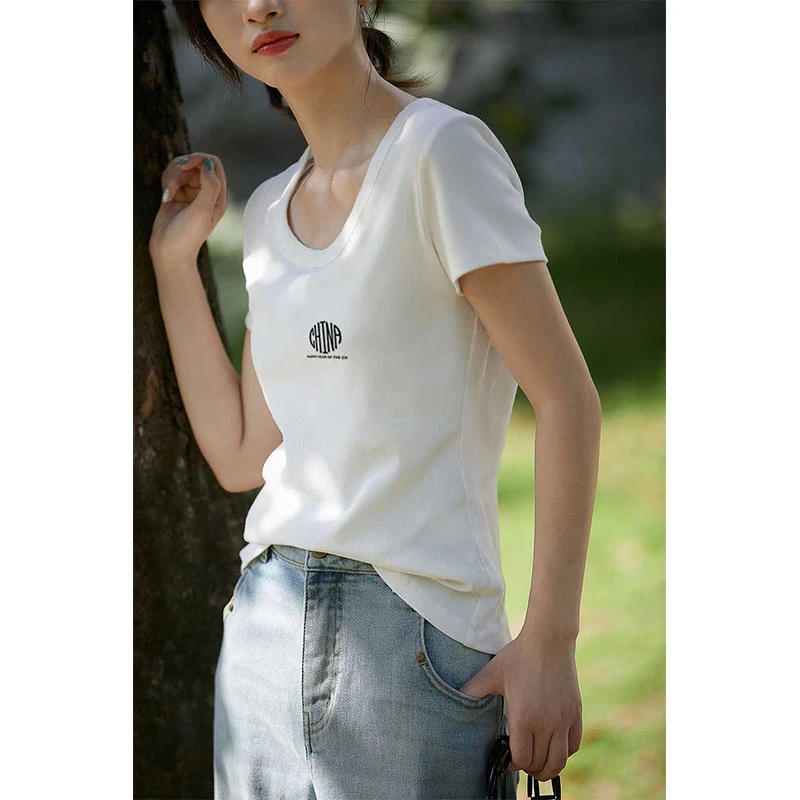 圆领短袖t恤女2025新款时尚百搭洋气白色上衣修身显瘦打底衫夏季