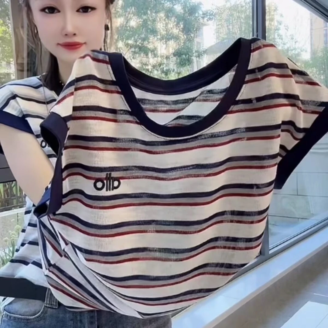 欧货复古刺绣卡通撞色条纹T恤女2025夏季宽松薄款针织衫上衣遮肉