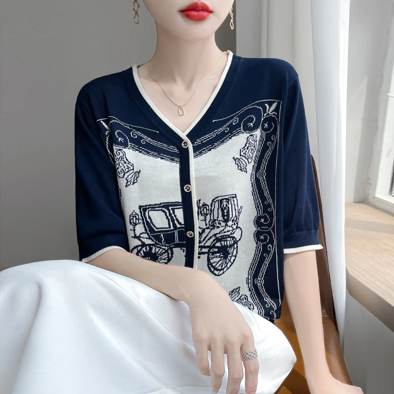 韩系新款复古撞色时尚气质V领单排扣高级减龄针织衫