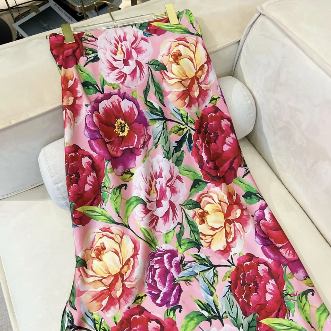 含香服饰【绽放牡丹】印染工艺斜裁松紧腰鱼尾摆侧开衩显瘦半身裙