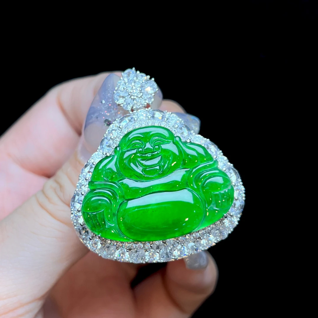【红旭玉麟】天然翡翠A货满绿佛公吊坠 新A1 多样性发一件