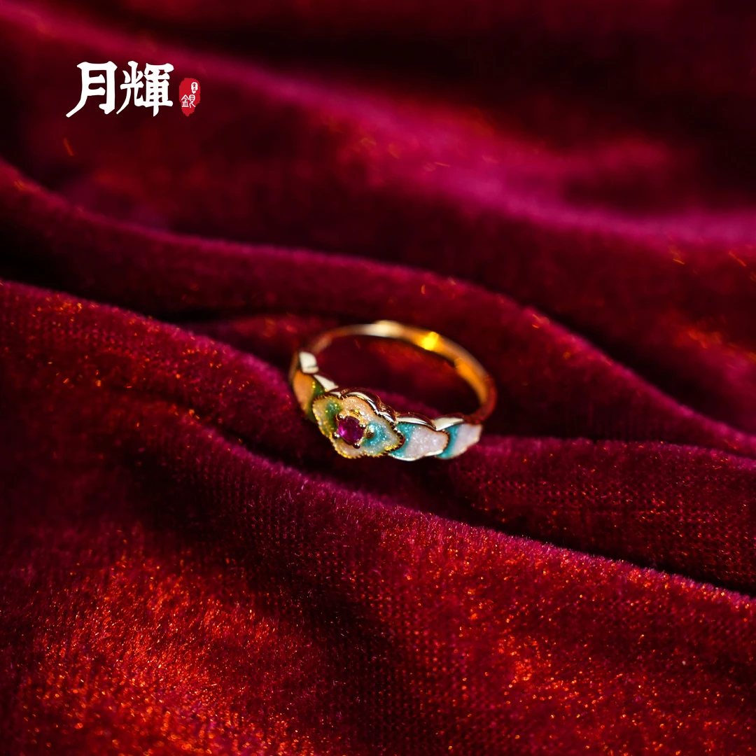 月辉银器 925银珐琅戒指 复古手工蓝花戒指镶嵌锆石中古戒指G15