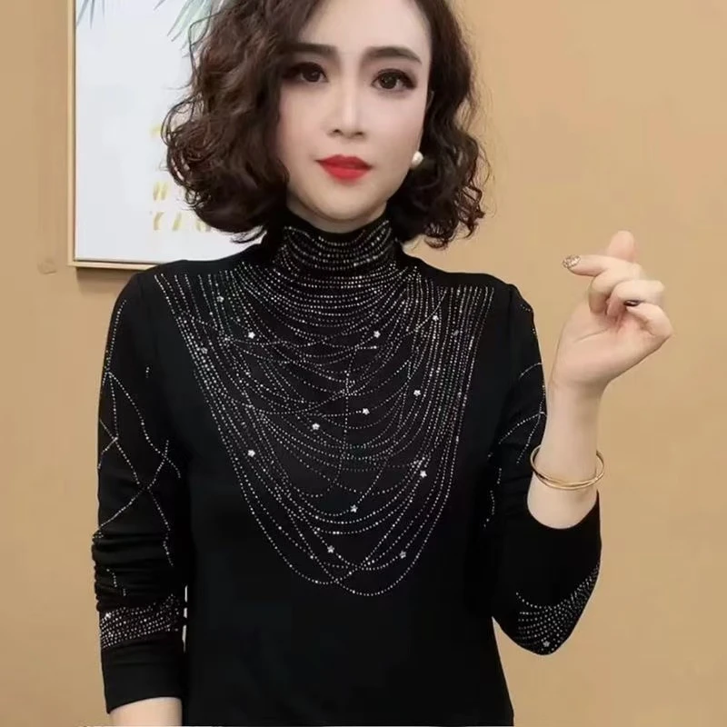 8827修身显瘦半高领打底衫德绒3D网红加绒T恤春季烫钻修身针织衫