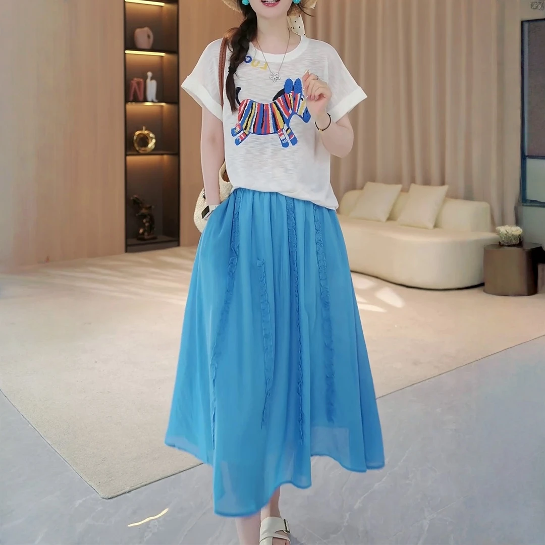 2025年超火百搭半身裙温柔减龄短袖t恤时尚度假风韩系穿搭两件套