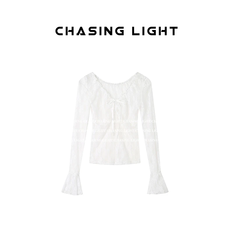 【CHASINGLIGHT】“蕾丝心事”v领纯欲蕾丝长袖打底衫 C1484/202号