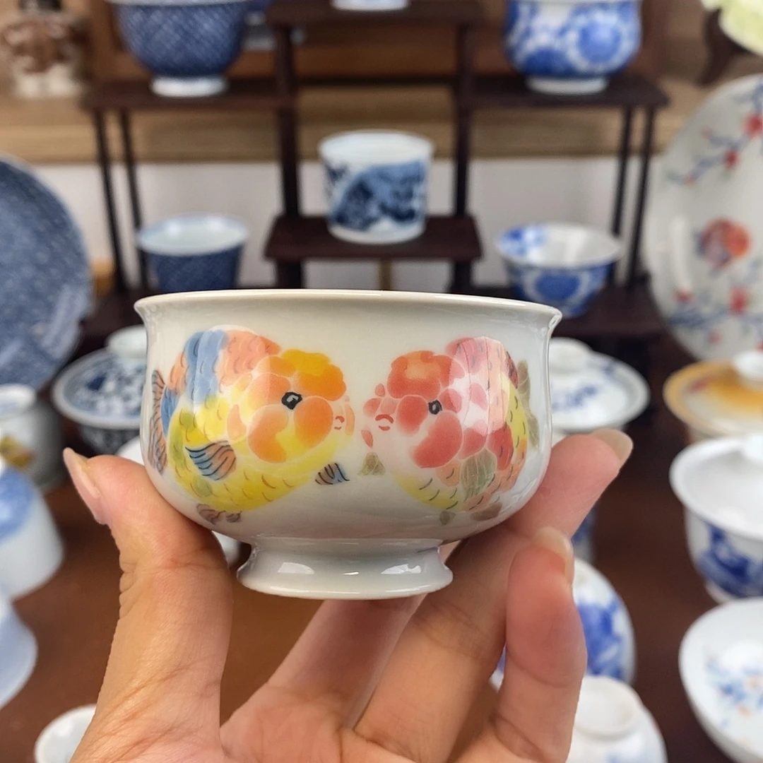 泥藝瓷梦兰寿金鱼相濡以沫炉式杯
