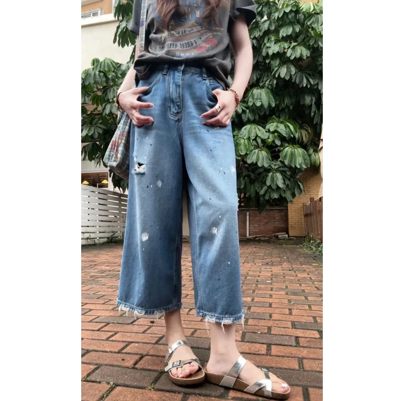 牛仔裤女士2025年夏季新款裤子爆款显瘦高腰八分裤时尚宽松阔腿裤