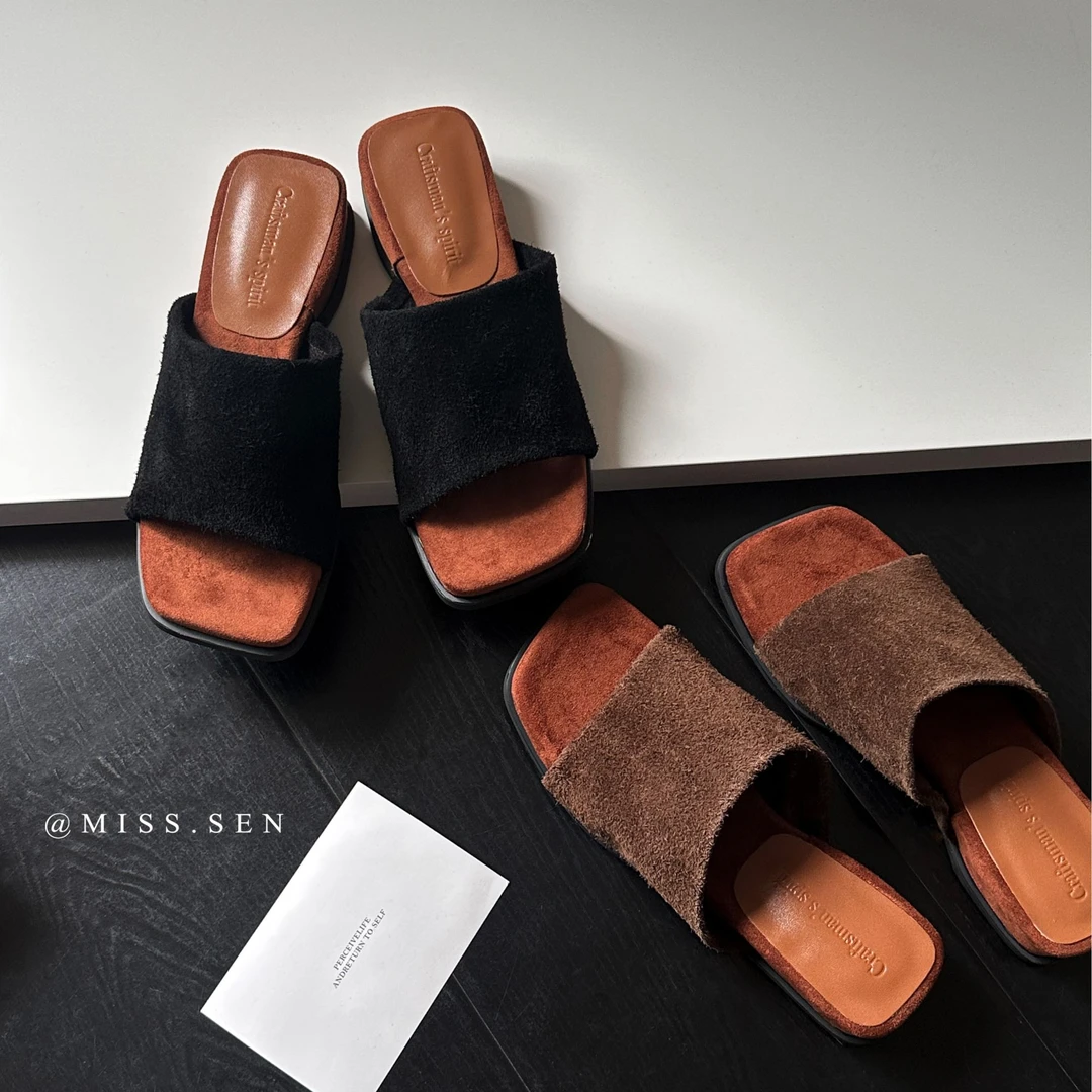 5cm羊翻皮外穿平底休闲时尚纯色舒适一字拖夏季松糕跟松糕底女