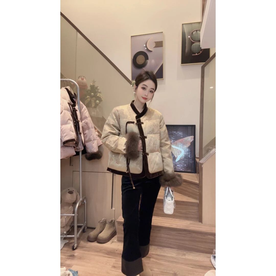 新中式国风流苏盘扣袖口狐狸毛90白鸭绒内胆轻奢女士羽绒服外套