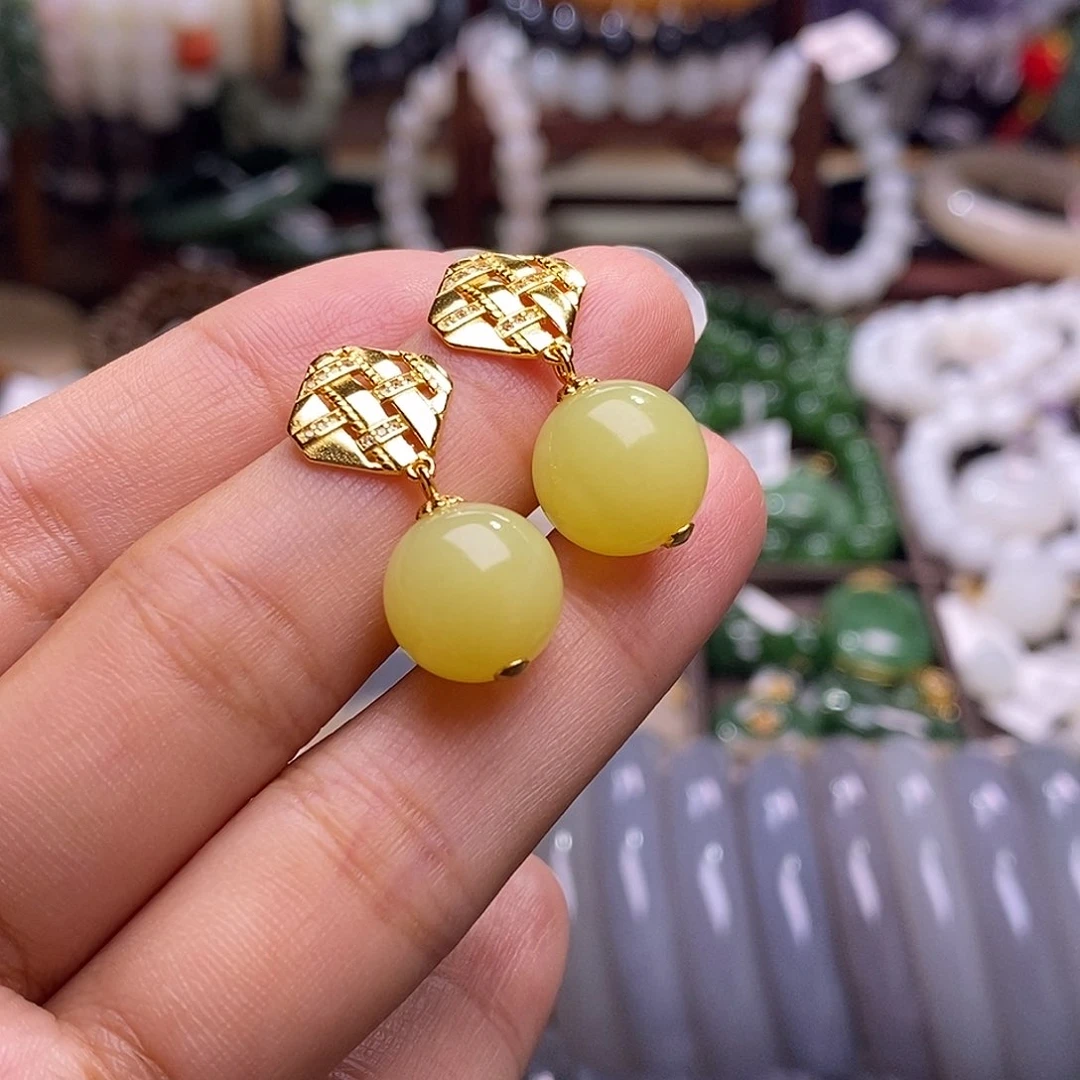 颈饰未镶嵌和田玉新疆若羌黄口鸡油黄银耳钉