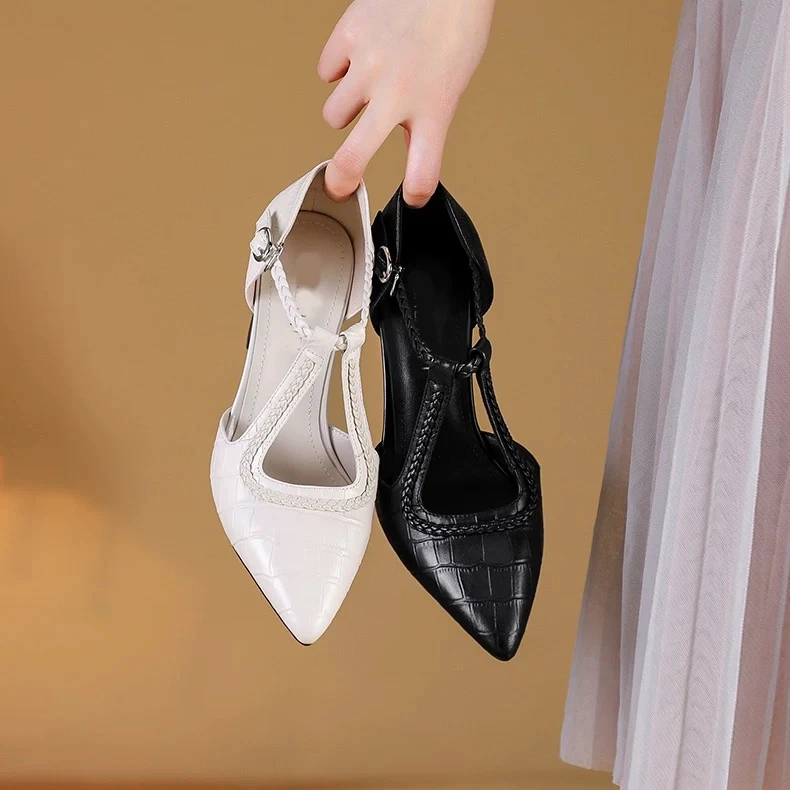 2025夏季法式新款中跟凉单鞋女款粗跟浅口尖头不累脚女鞋凉鞋