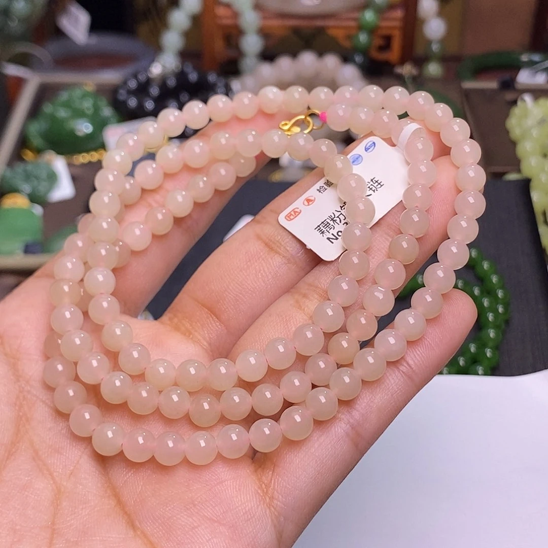 和田玉手镯未镶嵌波***场藕粉老熟料约6mm108佛珠