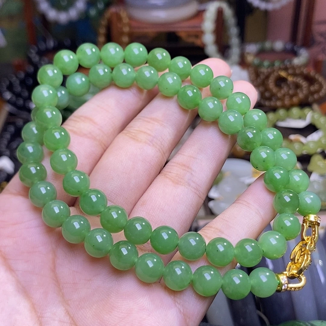 和田玉未镶嵌颈饰碧玉果绿老矿料妈妈链8mm