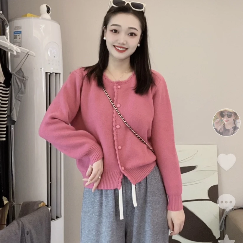 465#秋新款花边圆领长袖领纯色针织开衫