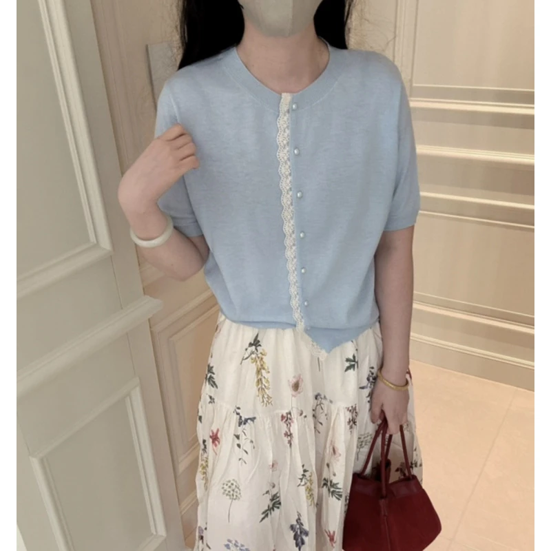 品质/天丝细羊毛/凉爽透气/重工花边开衫设计款/针织短袖A198