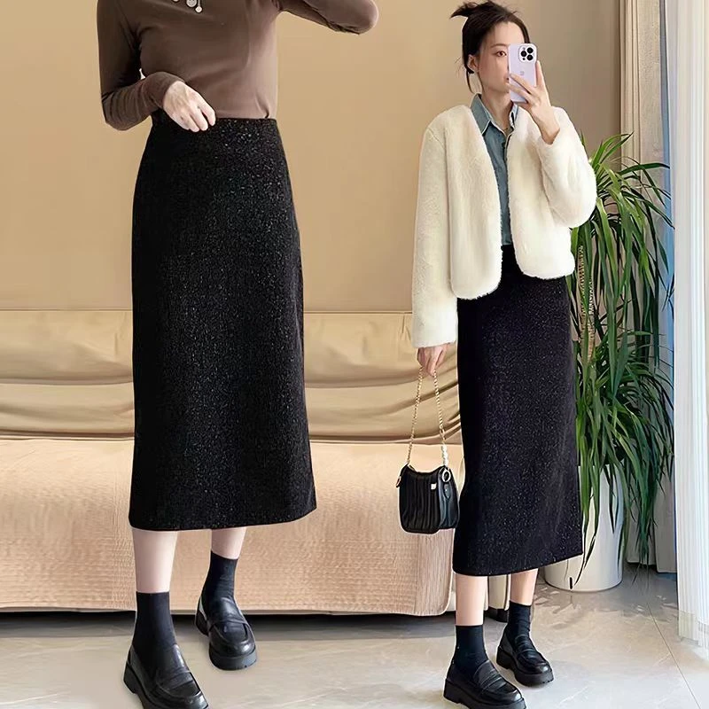 亮丝半身裙女小香风春秋新款高腰气质显瘦中长款开叉A字黑色裙子