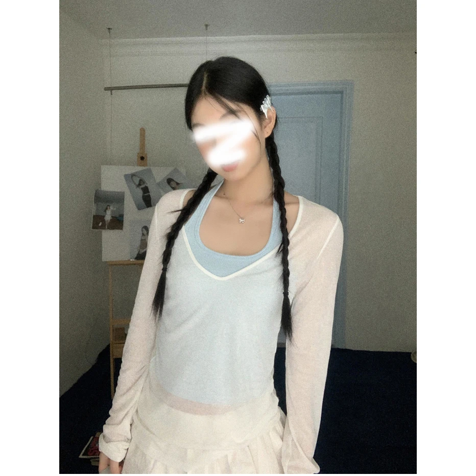 防晒罩衫女2025新款夏季长袖t恤正肩宽松显瘦薄荷绿色上衣套装