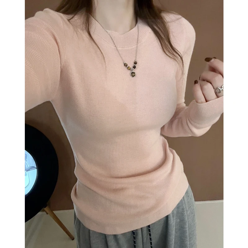港风圆领修身针织衫女秋冬季2025新款打底衫内搭套头毛衣长袖上衣