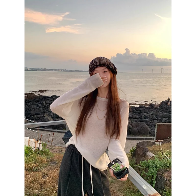 【米白色】3795山茶花超柔软新款高品质圆领针织上衣