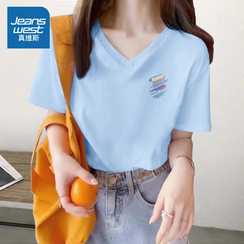 真维斯多巴胺短袖t恤女夏季韩版正肩纯棉打底衫小众设计感v领上衣