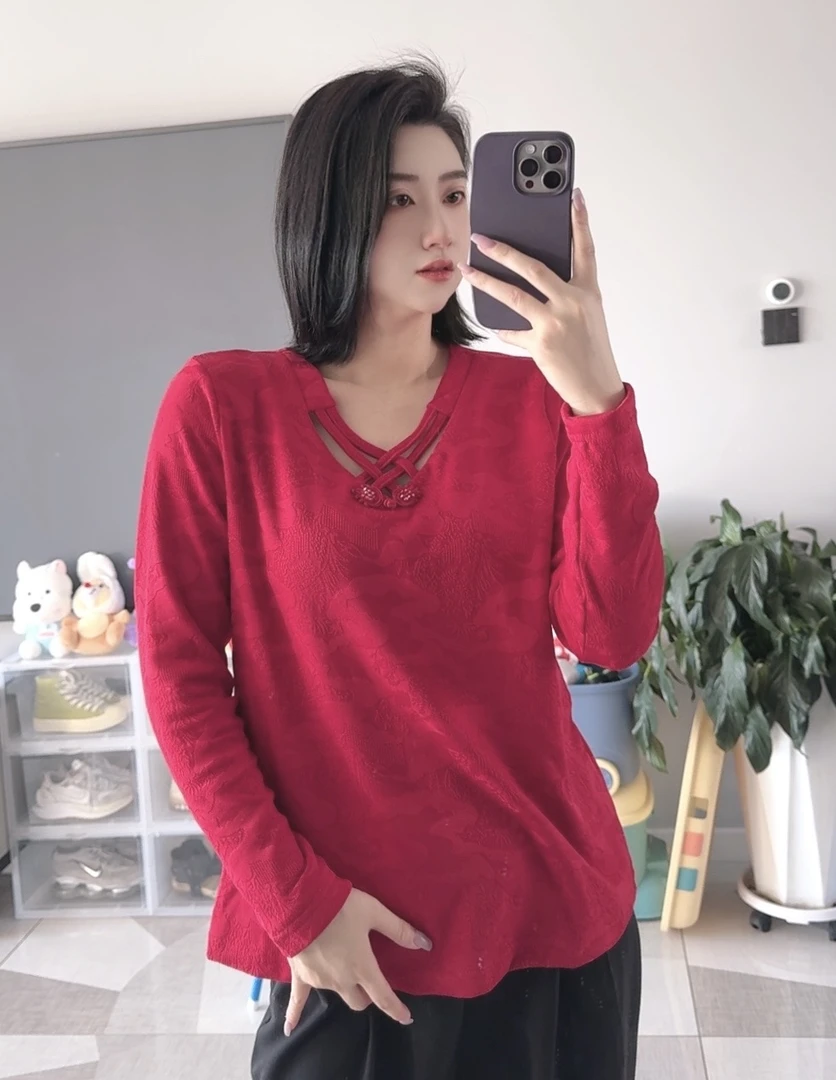 1237提花交叉领口设计款国风复古上衣百搭高级秋冬显瘦遮肉时尚