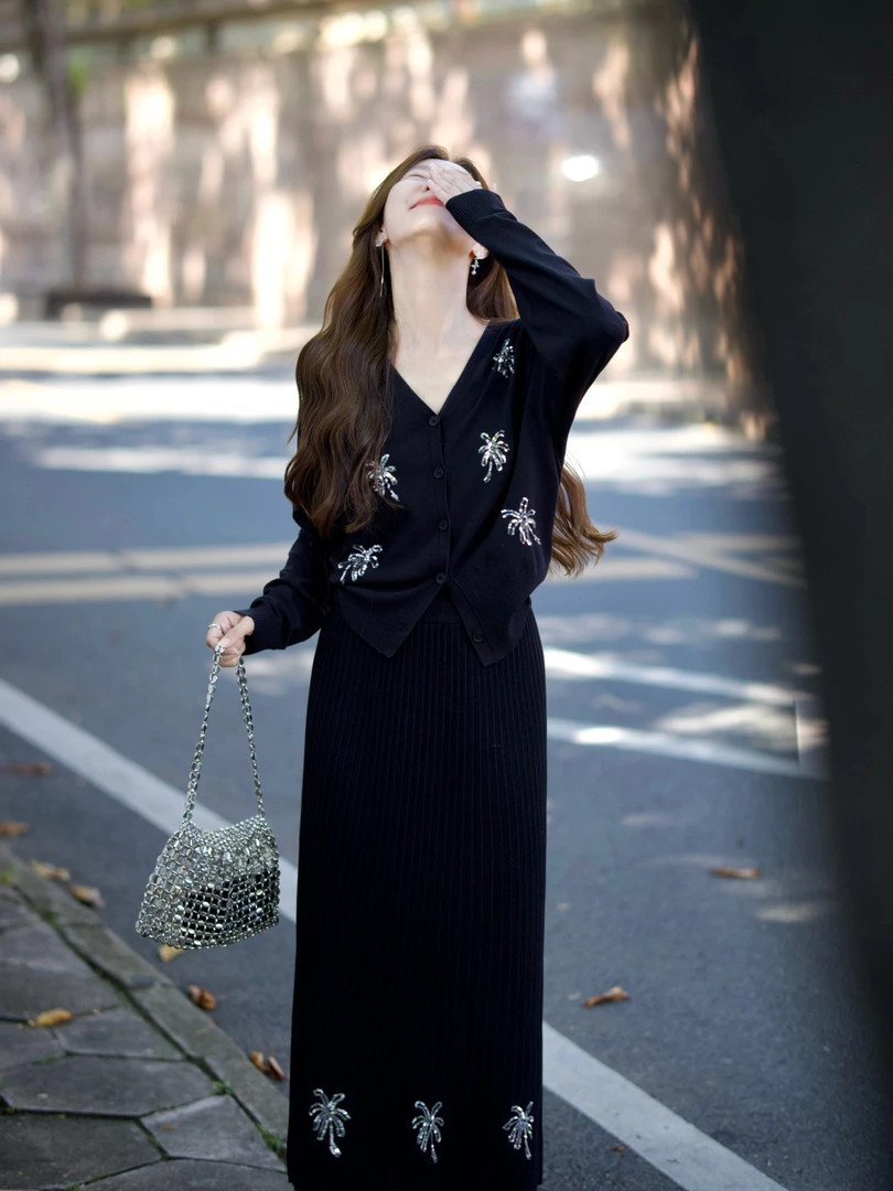 2025入秋新款韩系大方得体黑色亮片针织上衣搭配半身裙气质两件套