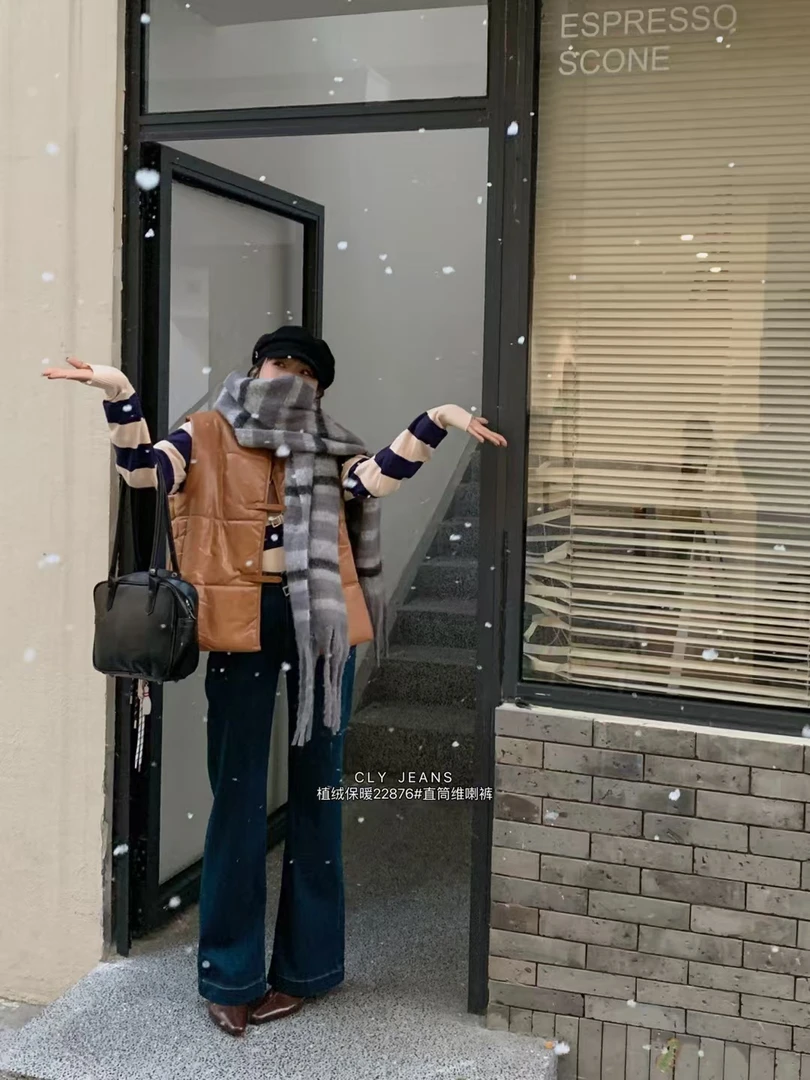 22876#cly#植绒 弹力 韩版高腰直筒微喇女神裤牛仔裤女