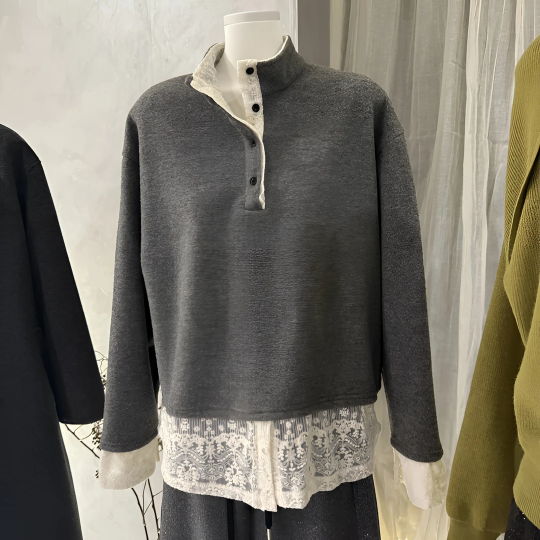 蕾丝拼接花边加厚加绒磨毛卫衣假两件上衣