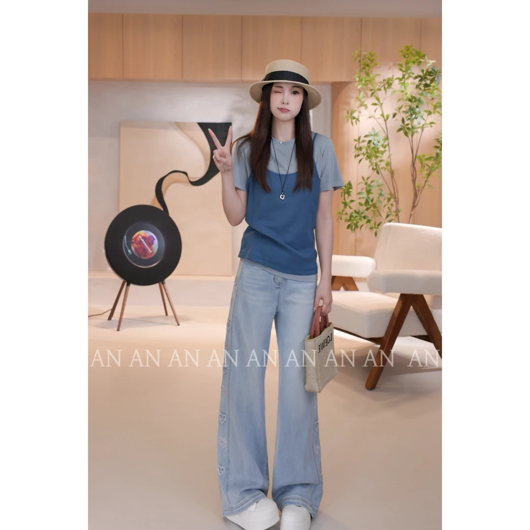 C03152夏季新款休闲小个子显瘦小标独特叠穿背心假两件T恤