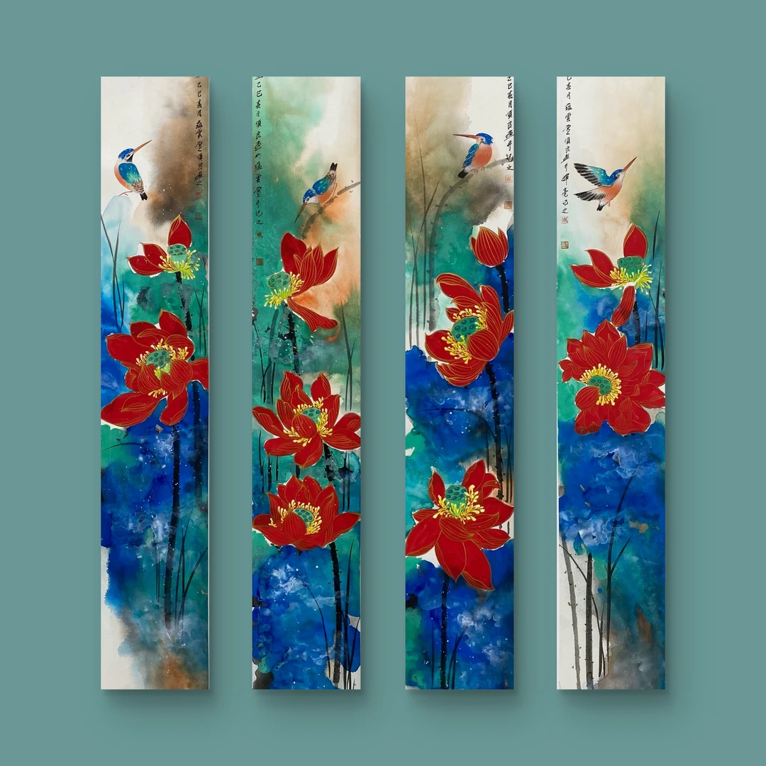 周顺良四条屏133*17cm 荷花四条屏国画艺术佳作艺术收藏