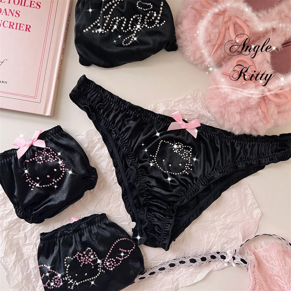 <缎面梦境>定制日系可爱KT兔子闪钻光泽仿丝绸法式缎面三角内裤女