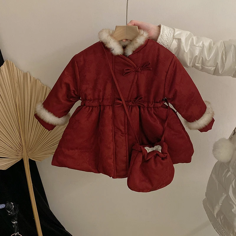 ZZXP131女童新中式年服棉衣秋冬夹棉保暖毛毛领盘扣棉服童装外套