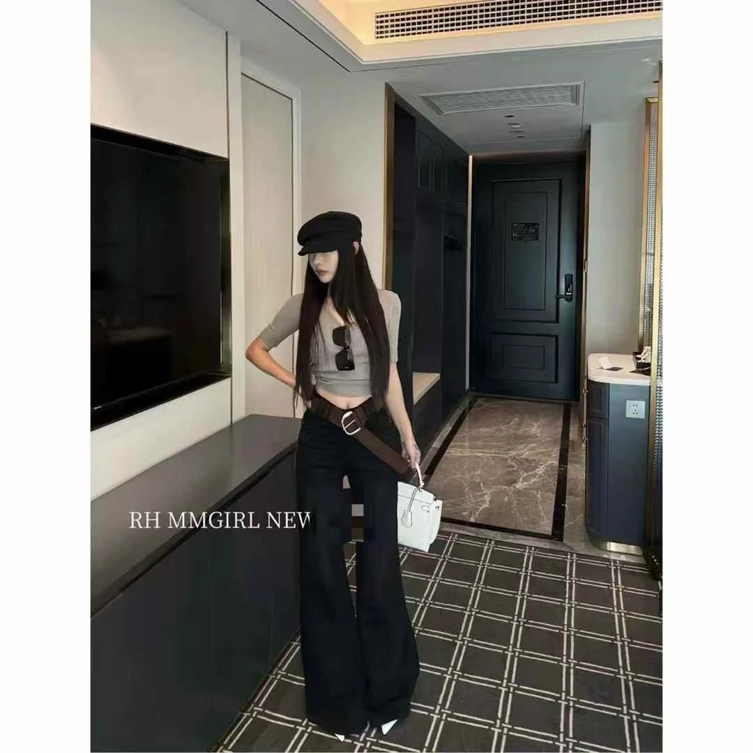 KM时尚短款女常规款高弹夏季直筒牛仔裤3690-1