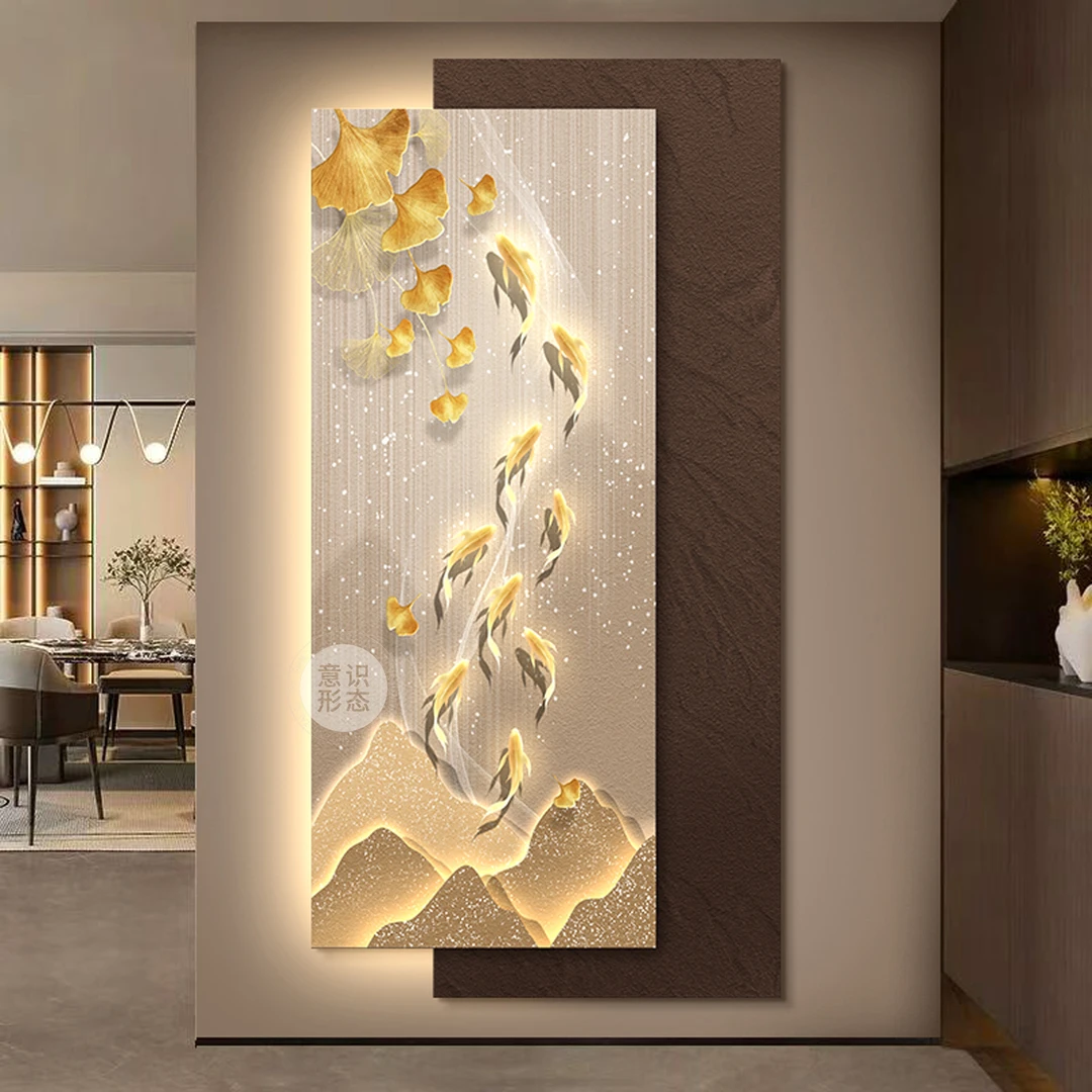 轻奢九鱼图玄关装饰画高级感银杏叶走廊过道挂画2025新款灯光壁画