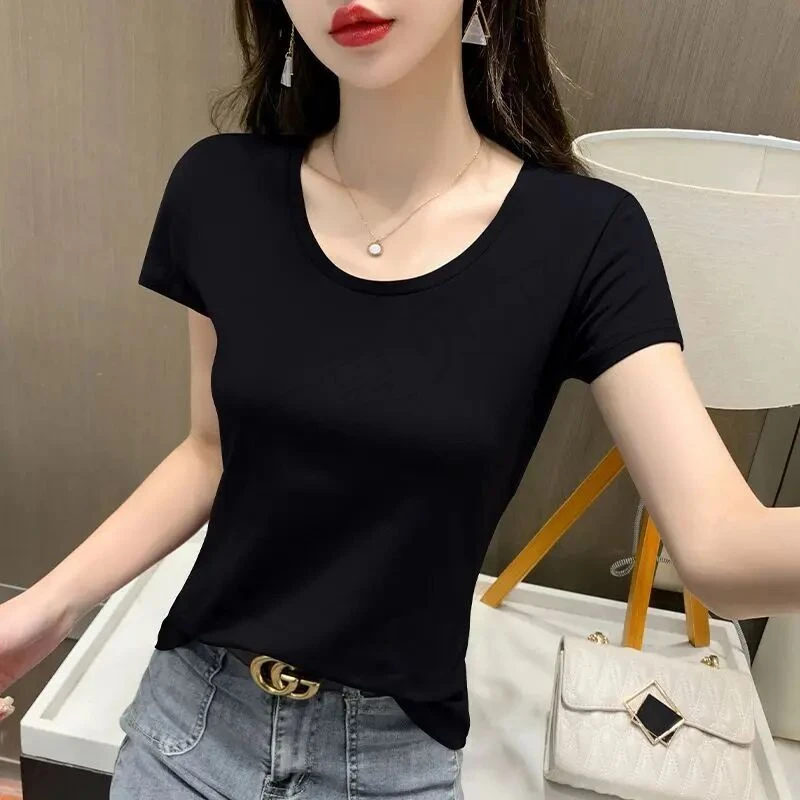 拉夏贝尔短袖T恤显瘦上衣女装2025春季新款半袖圆领正肩韩版修身