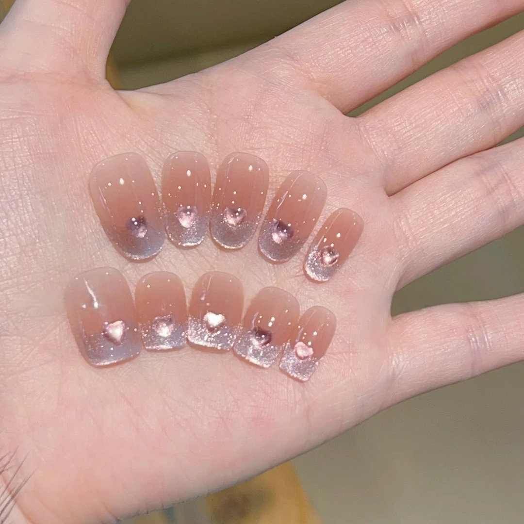 【蔷薇甜心】粉色珠光猫眼手纯手绘爱心水润纯手工穿戴甲日常夏季
