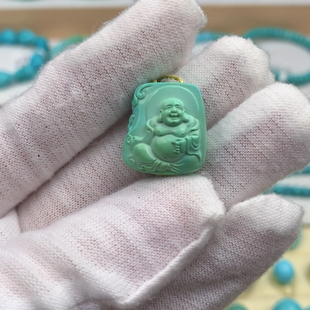 绿松石未镶嵌珠宝奇石菜籽绿弥勒佛16.1*18.1mm