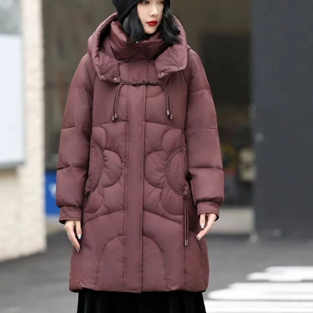 2025牛角扣中长款小口袋羽绒服加厚百搭宽松显瘦妈妈款