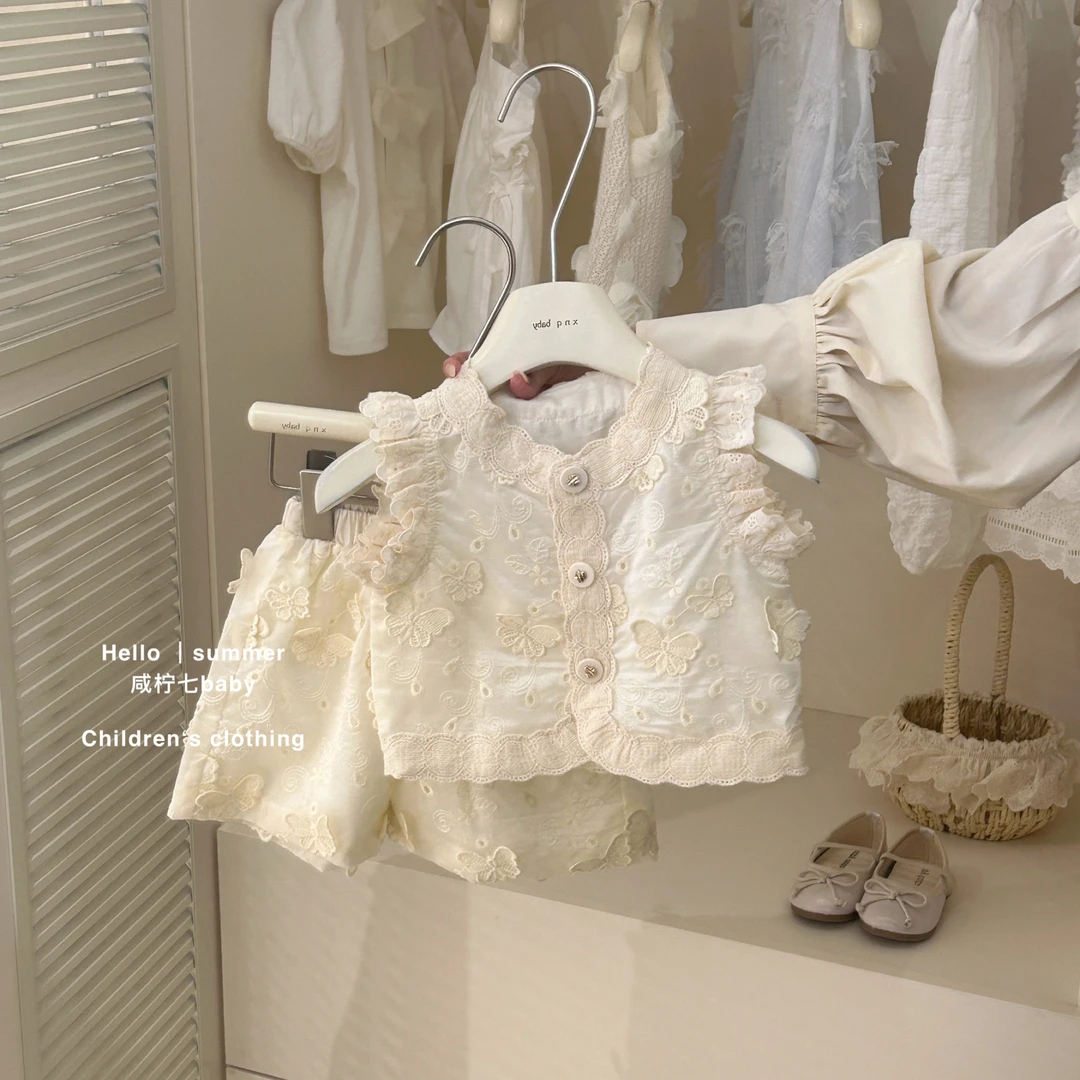 【现】咸柠七原创韩版女童夏季套装绣花背心刺绣花边领洋气两件套