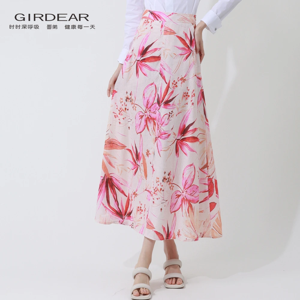 GIRDEAR/哥弟 品质女装2025夏印花度假风复古A字亚麻半身裙120012