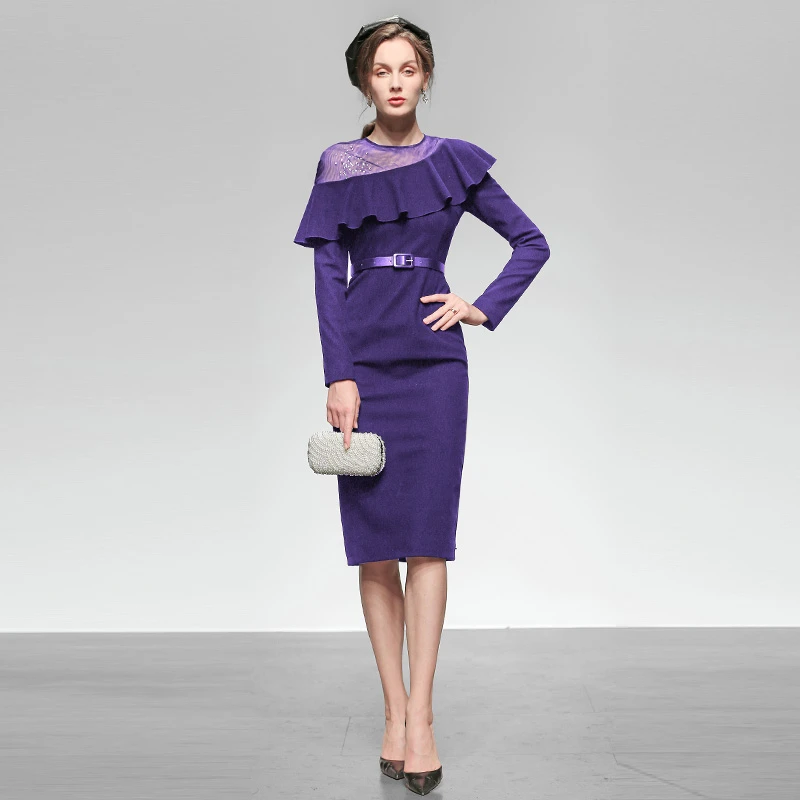 春装新款时尚名媛范网纱优雅荷叶边修身打底连衣裙长袖H19313K