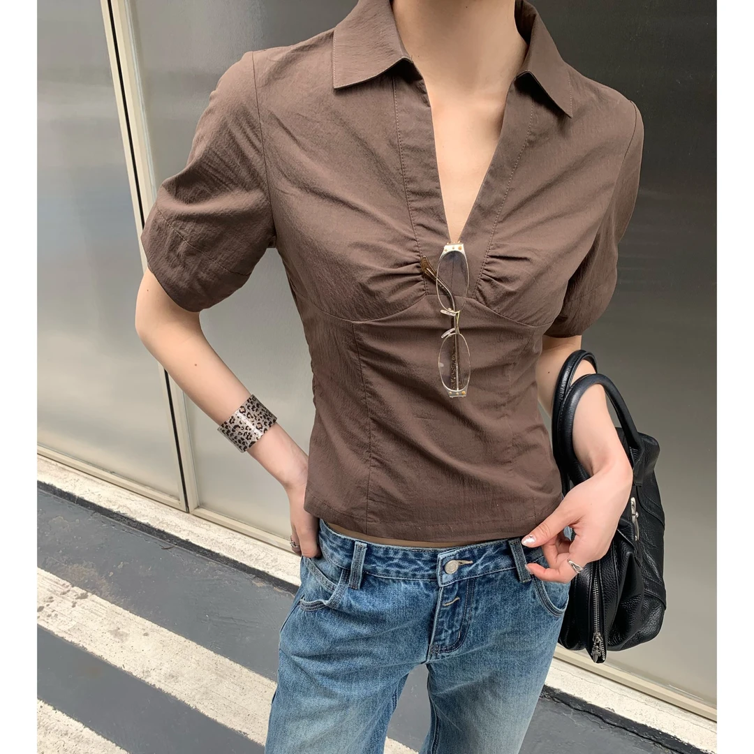 小羊【卷筒v领衬衫】显瘦设计感气质翻领衬衫T【X5520】