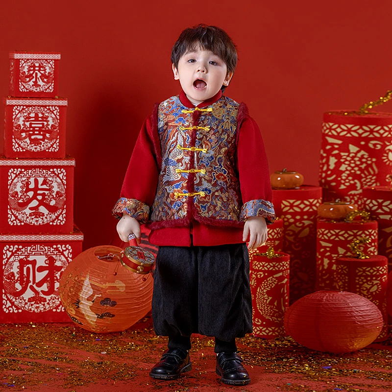 2025新中式儿童唐装男宝宝加绒加厚拜年服周岁礼服喜庆套装三件套
