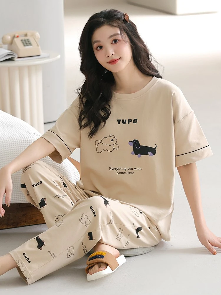 【伴】纯棉女圆领短袖长裤睡衣套装7631