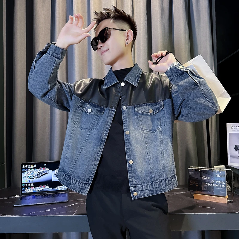 牛仔拼接PU皮外套男款春秋季潮牌翻领夹克2025新款高级感秋装上衣