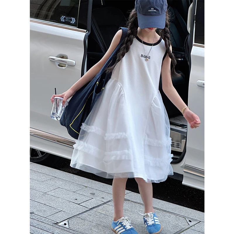 K28997撞色花边女童夏装连衣裙2025新款高端儿童裙子女大童背心裙