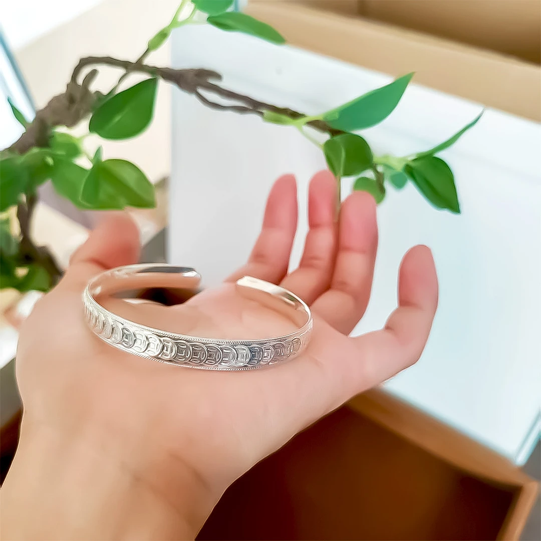 足银手镯 足银手镯  b114精致简约铜钱招财开口手镯可调节24